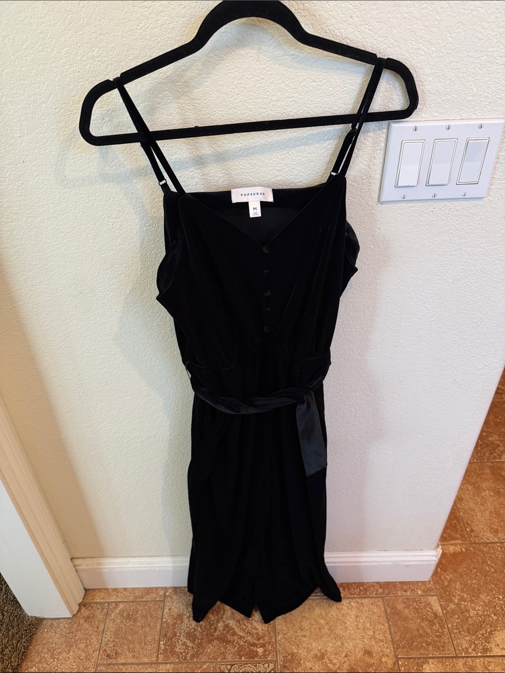 POPSUGAR Black Velvet Spaghetti-Strap Jumpsuit with Waist Tie Belt